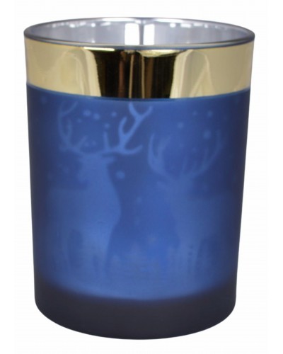Lampion Świecznik Szklany Z Reniferami Niebieski M